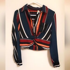 Truth NYC Multicolored Long Sleeve Button Down Twist Front Cropped Blouse